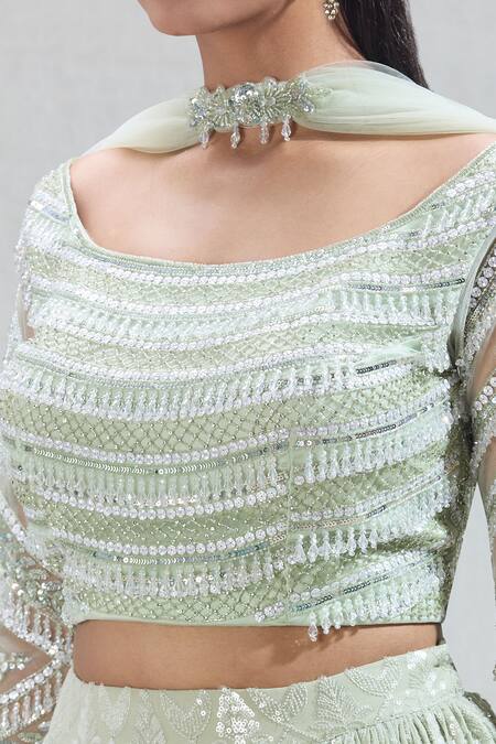Shop_Samyukta Singhania_Green Georgette Sequins, Beads Scoop Neck Geometric Embroidered Lehenga Set_Online_at_Aza_Fashions