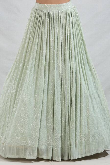 Samyukta Singhania_Green Georgette Sequins, Beads Scoop Neck Geometric Embroidered Lehenga Set_at_Aza_Fashions