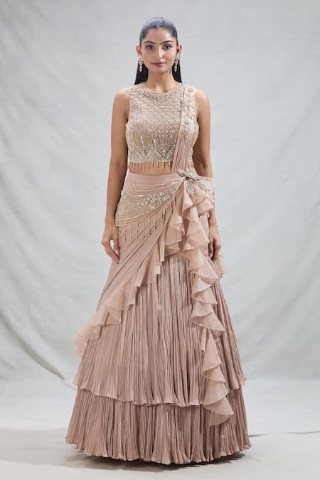 Samyukta Singhania_Pink Georgette Beads Round Neck Ruffled Panel Drape Attached Lehenga With Blouse _Online_at_Aza_Fashions