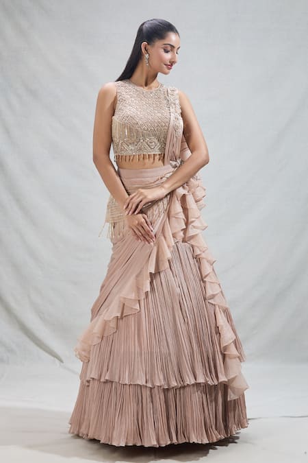 Buy_Samyukta Singhania_Pink Georgette Beads Round Neck Ruffled Panel Drape Attached Lehenga With Blouse _Online_at_Aza_Fashions