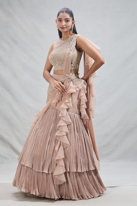 Shop_Samyukta Singhania_Pink Georgette Beads Round Neck Ruffled Panel Drape Attached Lehenga With Blouse _Online_at_Aza_Fashions
