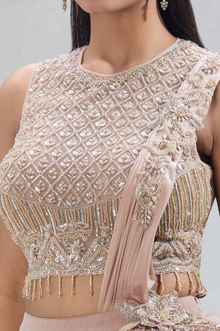 Samyukta Singhania_Pink Georgette Beads Round Neck Ruffled Panel Drape Attached Lehenga With Blouse _at_Aza_Fashions