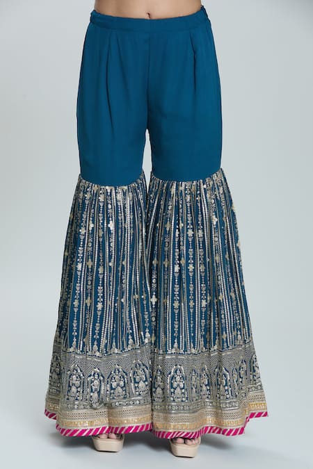 Samyukta Singhania_Blue Georgette Embroidery, Sequins Round Neck Zardozi Floral Kurta Sharara Set _Online_at_Aza_Fashions