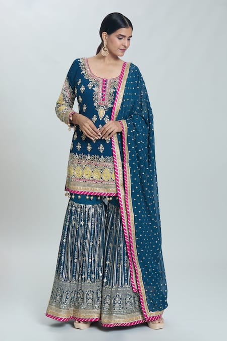 Buy_Samyukta Singhania_Blue Georgette Embroidery, Sequins Round Neck Zardozi Floral Kurta Sharara Set _Online_at_Aza_Fashions