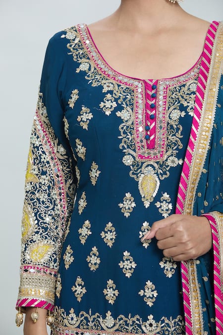 Shop_Samyukta Singhania_Blue Georgette Embroidery, Sequins Round Neck Zardozi Floral Kurta Sharara Set _Online_at_Aza_Fashions