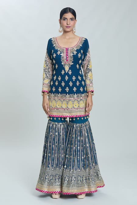 Samyukta Singhania_Blue Georgette Embroidery, Sequins Round Neck Zardozi Floral Kurta Sharara Set _at_Aza_Fashions