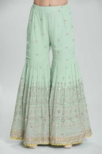 Samyukta Singhania_Green Georgette Pearls, Sequins Floral Zardozi Embroidered Kurta Sharara Set _Online_at_Aza_Fashions