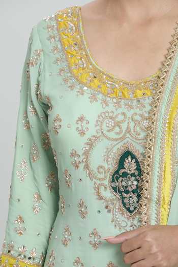 Buy_Samyukta Singhania_Green Georgette Pearls, Sequins Floral Zardozi Embroidered Kurta Sharara Set _Online_at_Aza_Fashions
