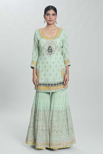 Shop_Samyukta Singhania_Green Georgette Pearls, Sequins Floral Zardozi Embroidered Kurta Sharara Set _Online_at_Aza_Fashions
