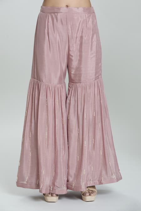 Samyukta Singhania Pink Chiffon Pearls, Sequins, Beads, Checkered Embellished Kurta Sharara Set Online at Aza Fashions Samyukta Singhania_Pink Chiffon Pearls, Sequins, Beads, Checkered Embellished Kurta Sharara Set _Online_at_Aza_Fashions