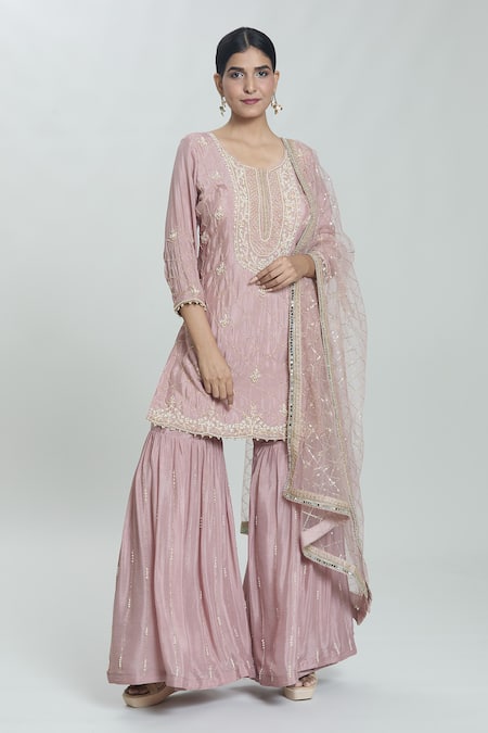 Buy Samyukta Singhania Pink Chiffon Pearls, Sequins, Beads, Checkered Embellished Kurta Sharara Set Online at Aza Fashions Buy_Samyukta Singhania_Pink Chiffon Pearls, Sequins, Beads, Checkered Embellished Kurta Sharara Set _Online_at_Aza_Fashions