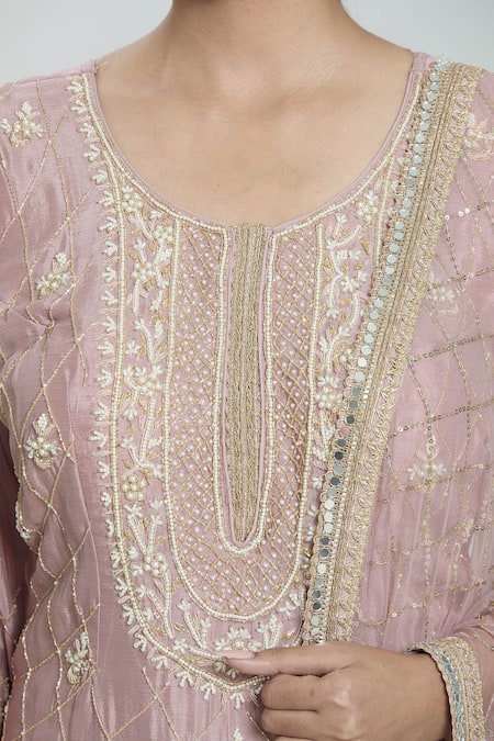 Shop Samyukta Singhania Pink Chiffon Pearls, Sequins, Beads, Checkered Embellished Kurta Sharara Set Online at Aza Fashions Shop_Samyukta Singhania_Pink Chiffon Pearls, Sequins, Beads, Checkered Embellished Kurta Sharara Set _Online_at_Aza_Fashions
