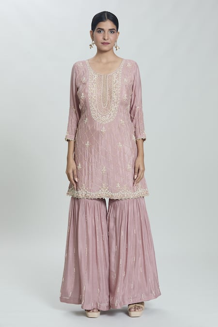 Samyukta Singhania Pink Chiffon Pearls, Sequins, Beads, Checkered Embellished Kurta Sharara Set at Aza Fashions Samyukta Singhania_Pink Chiffon Pearls, Sequins, Beads, Checkered Embellished Kurta Sharara Set _at_Aza_Fashions