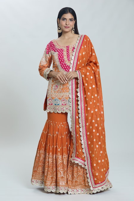 Samyukta Singhania Orange Georgette Embroidered Zardozi Round Kurta Sharara Set