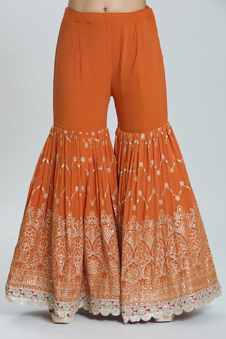Samyukta Singhania Orange Georgette Pearls, Sequins, Embroidery, Zari Zardozi Kurta Sharara Set Online at Aza Fashions Samyukta Singhania_Orange Georgette Pearls, Sequins, Embroidery, Zari Zardozi Kurta Sharara Set _Online_at_Aza_Fashions