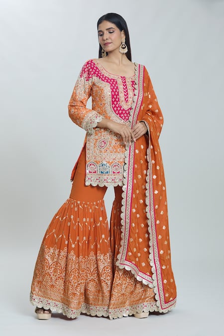 Buy Samyukta Singhania Orange Georgette Pearls, Sequins, Embroidery, Zari Zardozi Kurta Sharara Set Online at Aza Fashions Buy_Samyukta Singhania_Orange Georgette Pearls, Sequins, Embroidery, Zari Zardozi Kurta Sharara Set _Online_at_Aza_Fashions