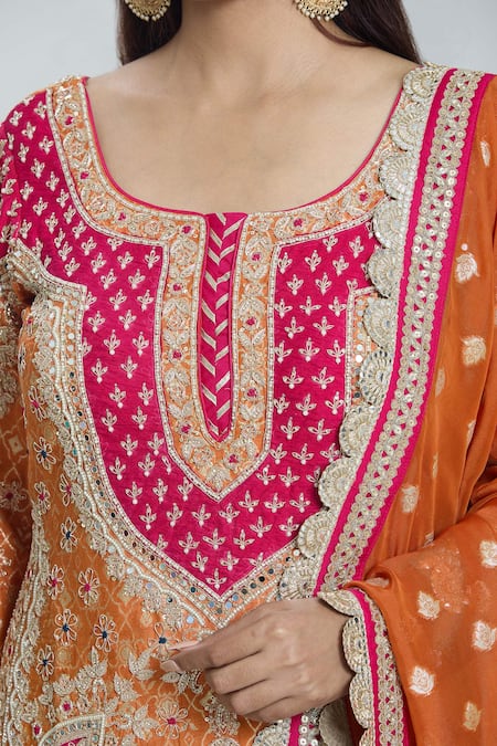 Shop Samyukta Singhania Orange Georgette Pearls, Sequins, Embroidery, Zari Zardozi Kurta Sharara Set Online at Aza Fashions Shop_Samyukta Singhania_Orange Georgette Pearls, Sequins, Embroidery, Zari Zardozi Kurta Sharara Set _Online_at_Aza_Fashions