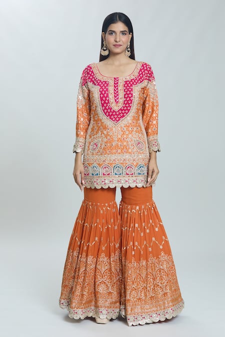 Samyukta Singhania Orange Georgette Pearls, Sequins, Embroidery, Zari Zardozi Kurta Sharara Set at Aza Fashions Samyukta Singhania_Orange Georgette Pearls, Sequins, Embroidery, Zari Zardozi Kurta Sharara Set _at_Aza_Fashions
