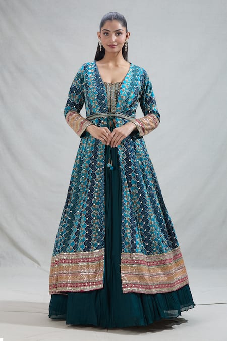 Samyukta Singhania Blue Georgette Embroidered Zardozi Jacket Floral Scallop Pattern Lehenga Set