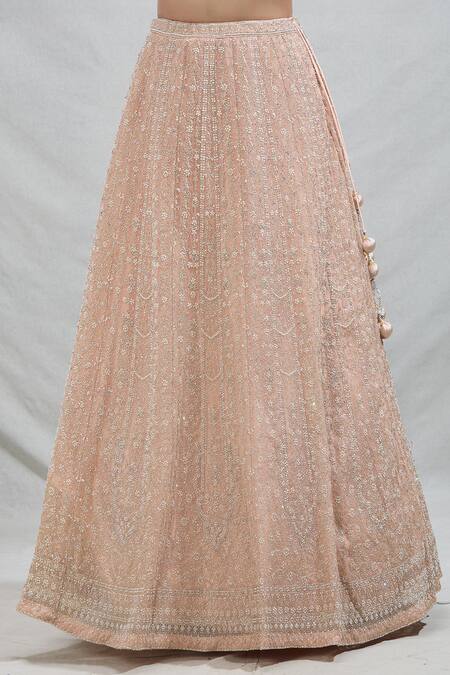 Samyukta Singhania_Peach Net Sequins, Pearls Floral Embroidered Lehenga Set_Online_at_Aza_Fashions