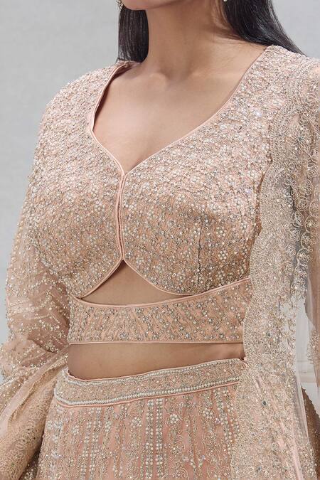 Buy_Samyukta Singhania_Peach Net Sequins, Pearls Floral Embroidered Lehenga Set_Online_at_Aza_Fashions