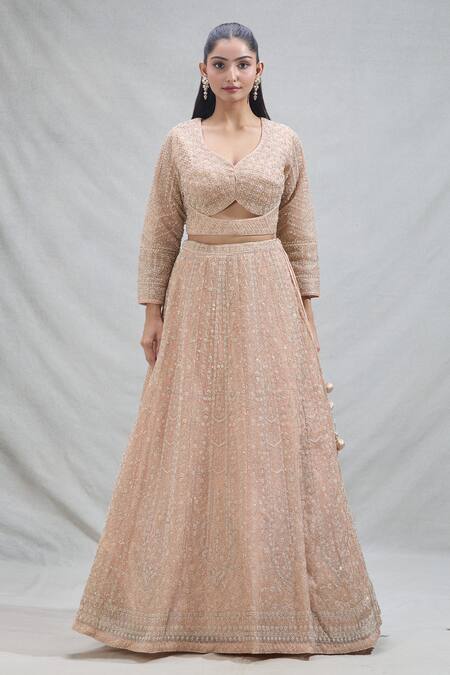 Shop_Samyukta Singhania_Peach Net Sequins, Pearls Floral Embroidered Lehenga Set_Online_at_Aza_Fashions