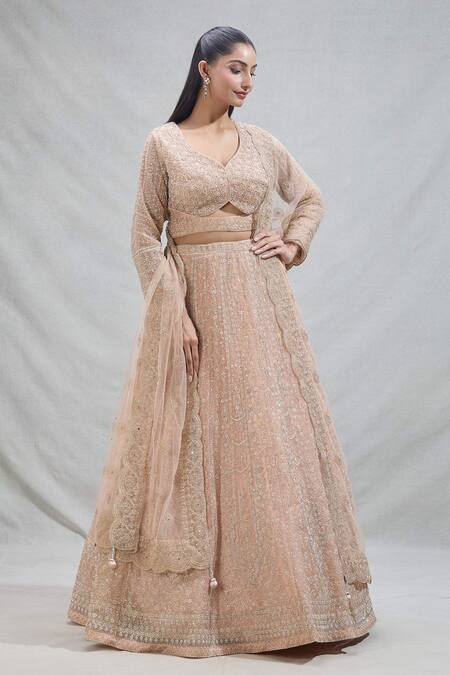 Samyukta Singhania_Peach Net Sequins, Pearls Floral Embroidered Lehenga Set_at_Aza_Fashions