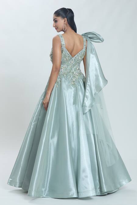 Shop Samyukta Singhania Green Georgette Sequins, Stones, Cut Work Bloom Meadow Embellished Gown at Aza Fashions Shop_Samyukta Singhania_Green Georgette Sequins, Stones, Cut Work Bloom Meadow Embellished Gown_at_Aza_Fashions