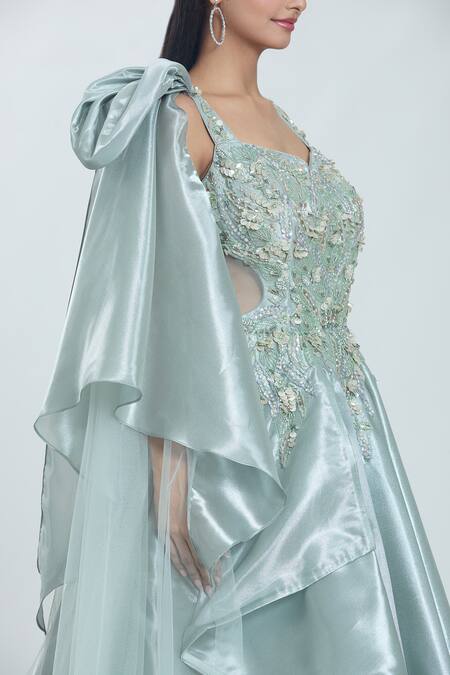 Samyukta Singhania Green Georgette Sequins, Stones, Cut Work Bloom Meadow Embellished Gown Online at Aza Fashions Samyukta Singhania_Green Georgette Sequins, Stones, Cut Work Bloom Meadow Embellished Gown_Online_at_Aza_Fashions