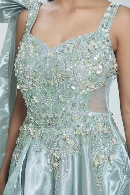 Shop Samyukta Singhania Green Georgette Sequins, Stones, Cut Work Bloom Meadow Embellished Gown Online at Aza Fashions Shop_Samyukta Singhania_Green Georgette Sequins, Stones, Cut Work Bloom Meadow Embellished Gown_Online_at_Aza_Fashions