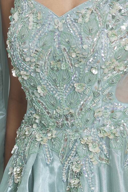 Samyukta Singhania Green Georgette Sequins, Stones, Cut Work Bloom Meadow Embellished Gown at Aza Fashions Samyukta Singhania_Green Georgette Sequins, Stones, Cut Work Bloom Meadow Embellished Gown_at_Aza_Fashions