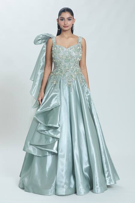 Buy Samyukta Singhania Green Georgette Sequins, Stones, Cut Work Bloom Meadow Embellished Gown Buy_Samyukta Singhania_Green Georgette Sequins, Stones, Cut Work Bloom Meadow Embellished Gown