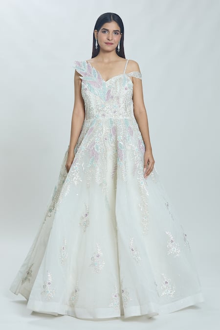 Samyukta Singhania White Net Cut Work, Sequins, Stones Asymmetric Ambrosia Hand Embroidered Gown Online at Aza Fashions Samyukta Singhania_White Net Cut Work, Sequins, Stones Asymmetric Ambrosia Hand Embroidered Gown _Online_at_Aza_Fashions