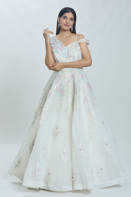 Buy Samyukta Singhania White Net Cut Work, Sequins, Stones Asymmetric Ambrosia Hand Embroidered Gown Online at Aza Fashions Buy_Samyukta Singhania_White Net Cut Work, Sequins, Stones Asymmetric Ambrosia Hand Embroidered Gown _Online_at_Aza_Fashions