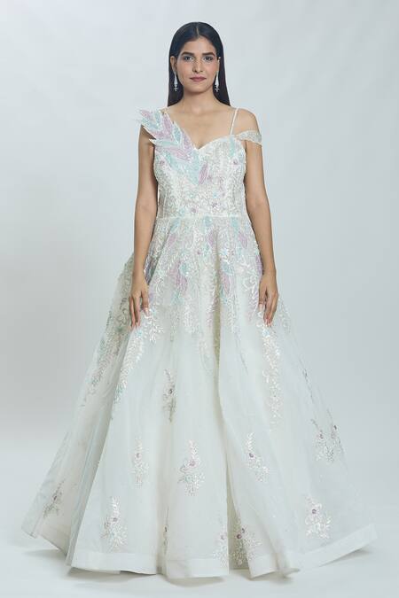 Samyukta Singhania White Net Cut Work, Sequins, Stones Asymmetric Ambrosia Hand Embroidered Gown at Aza Fashions Samyukta Singhania_White Net Cut Work, Sequins, Stones Asymmetric Ambrosia Hand Embroidered Gown _at_Aza_Fashions