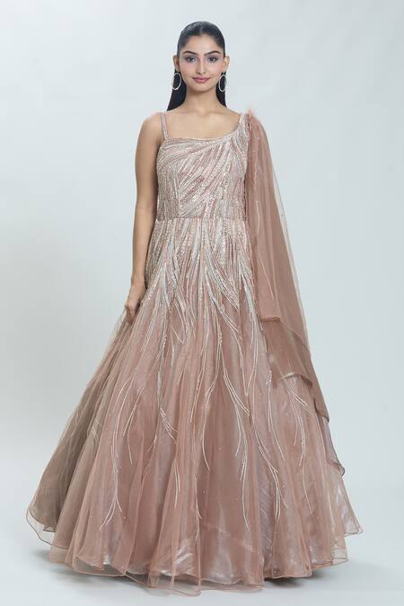 Samyukta Singhania_Brown Tissue Sequins, Pearls One Shoulder Celeste Wave Embroidered Gown_Online_at_Aza_Fashions
