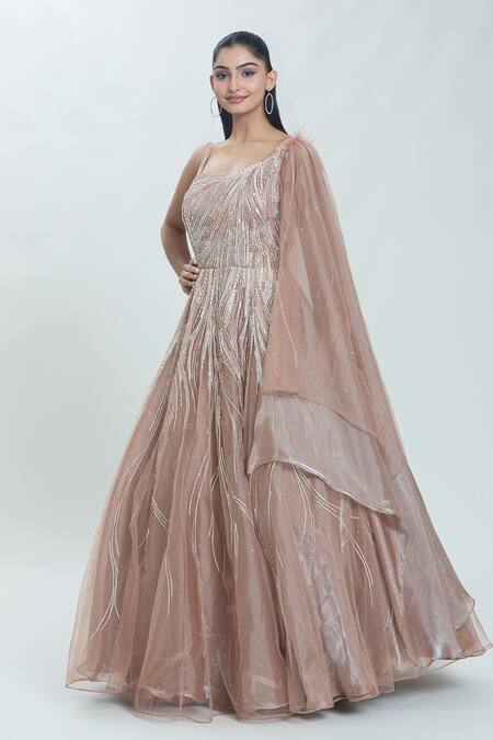 Buy_Samyukta Singhania_Brown Tissue Sequins, Pearls One Shoulder Celeste Wave Embroidered Gown_Online_at_Aza_Fashions