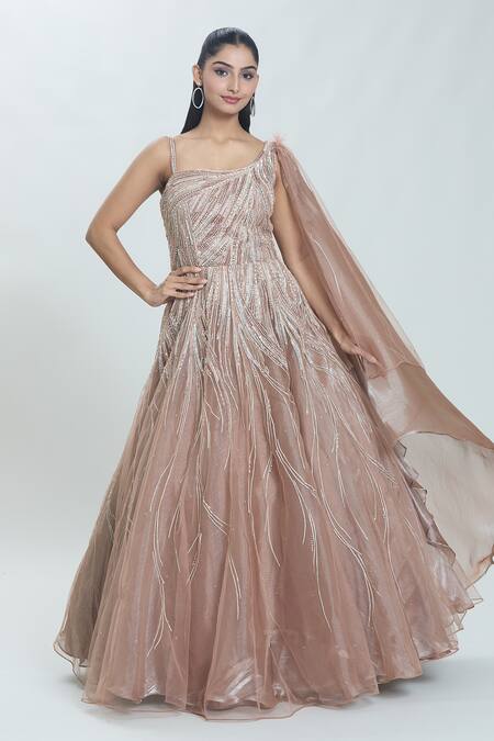 Shop_Samyukta Singhania_Brown Tissue Sequins, Pearls One Shoulder Celeste Wave Embroidered Gown_Online_at_Aza_Fashions