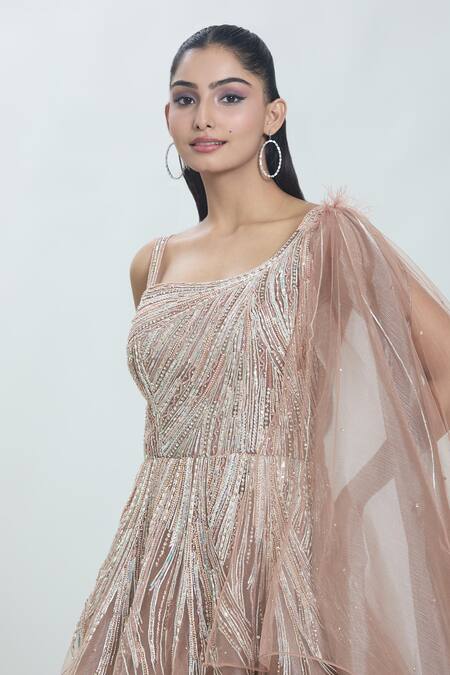Samyukta Singhania_Brown Tissue Sequins, Pearls One Shoulder Celeste Wave Embroidered Gown_at_Aza_Fashions