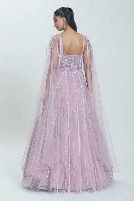 Shop Samyukta Singhania Purple Net Sequins, Beads Sweetheart Neck Scallop Swerve Embroidered Gown at Aza Fashions Shop_Samyukta Singhania_Purple Net Sequins, Beads Sweetheart Neck Scallop Swerve Embroidered Gown_at_Aza_Fashions