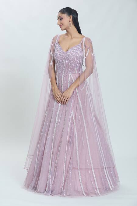 Samyukta Singhania Purple Net Sequins, Beads Sweetheart Neck Scallop Swerve Embroidered Gown Online at Aza Fashions Samyukta Singhania_Purple Net Sequins, Beads Sweetheart Neck Scallop Swerve Embroidered Gown_Online_at_Aza_Fashions