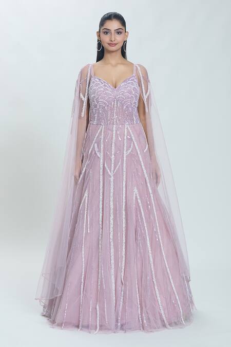 Samyukta Singhania Purple Net Sequins, Beads Sweetheart Neck Scallop Swerve Embroidered Gown at Aza Fashions Samyukta Singhania_Purple Net Sequins, Beads Sweetheart Neck Scallop Swerve Embroidered Gown_at_Aza_Fashions