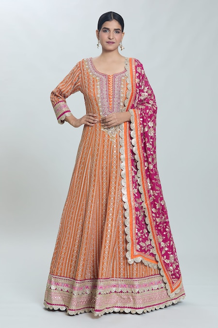 Samyukta Singhania Orange Georgette Embroidery Sequin Round Neck Persian Bloom Anarkali