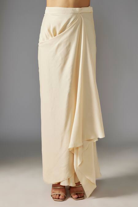 Maisolos_Ivory Net, Crepe Sequins, Beads Checkered Embellished Jacket With Draped Skirt_Online_at_Aza_Fashions