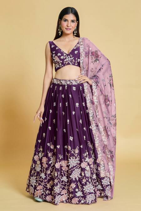 Samyukta Singhania Purple Polyester, Organza Zari, Sequins, Embroidery Floral Pleated Lehenga Set Online at Aza Fashions Samyukta Singhania_Purple Polyester, Organza Zari, Sequins, Embroidery Floral Pleated Lehenga Set _Online_at_Aza_Fashions