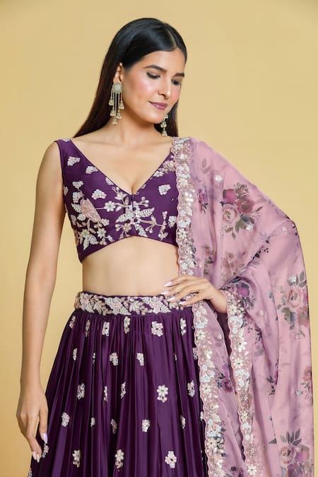 Buy Samyukta Singhania Purple Polyester, Organza Zari, Sequins, Embroidery Floral Pleated Lehenga Set Online at Aza Fashions Buy_Samyukta Singhania_Purple Polyester, Organza Zari, Sequins, Embroidery Floral Pleated Lehenga Set _Online_at_Aza_Fashions