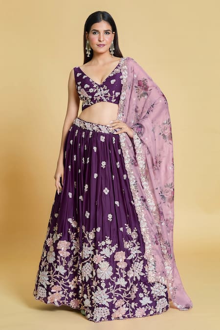 Shop Samyukta Singhania Purple Polyester, Organza Zari, Sequins, Embroidery Floral Pleated Lehenga Set Online at Aza Fashions Shop_Samyukta Singhania_Purple Polyester, Organza Zari, Sequins, Embroidery Floral Pleated Lehenga Set _Online_at_Aza_Fashions
