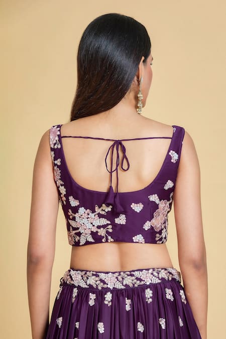 Samyukta Singhania Purple Polyester, Organza Zari, Sequins, Embroidery Floral Pleated Lehenga Set at Aza Fashions Samyukta Singhania_Purple Polyester, Organza Zari, Sequins, Embroidery Floral Pleated Lehenga Set _at_Aza_Fashions