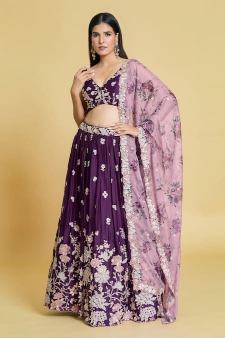 Buy Samyukta Singhania Purple Polyester, Organza Zari, Sequins, Embroidery Floral Pleated Lehenga Set Buy_Samyukta Singhania_Purple Polyester, Organza Zari, Sequins, Embroidery Floral Pleated Lehenga Set