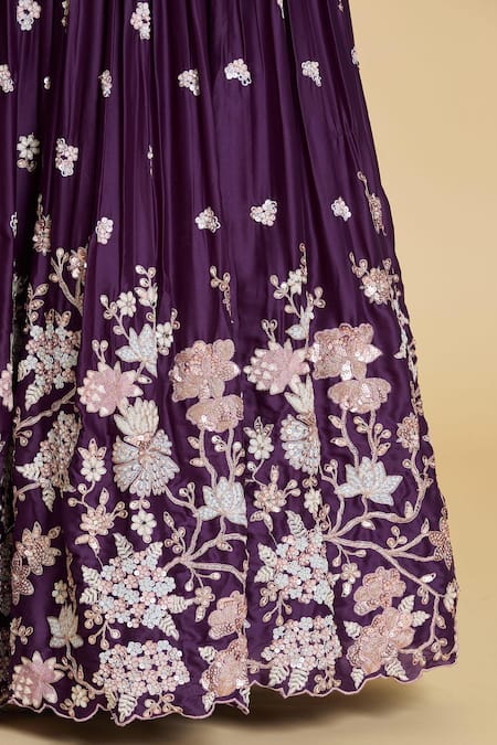Shop Samyukta Singhania Purple Polyester, Organza Zari, Sequins, Embroidery Floral Pleated Lehenga Set Shop_Samyukta Singhania_Purple Polyester, Organza Zari, Sequins, Embroidery Floral Pleated Lehenga Set